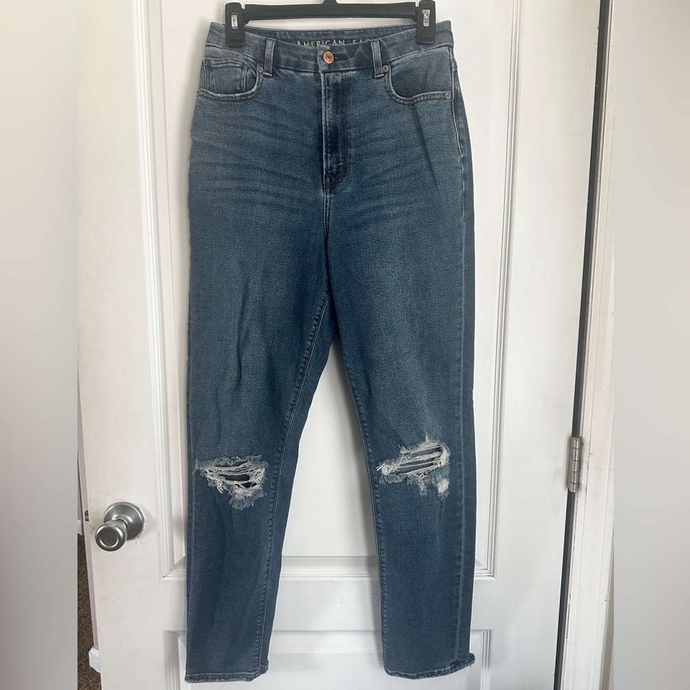 American Eagle Women’s Distressed Blue Denim Curvy Mom Long Jeans